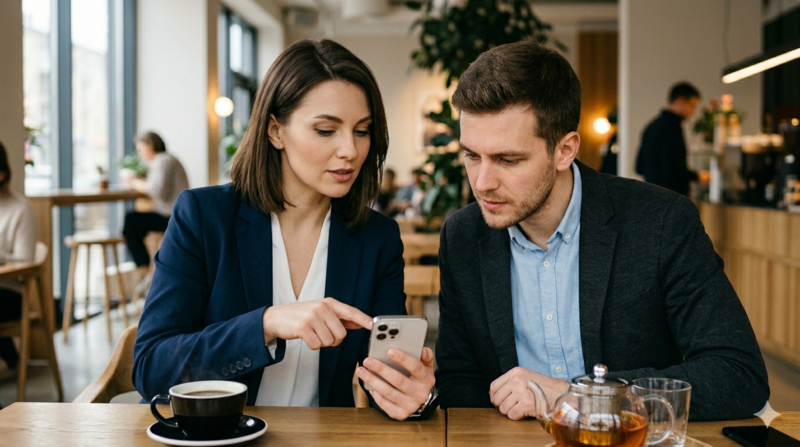 Ein Mann und eine Frau sitzen im Café und blicken gemeinsam auf ein Smartphone in der Hand der Frau. Hinwies: KI-generiertes Bild