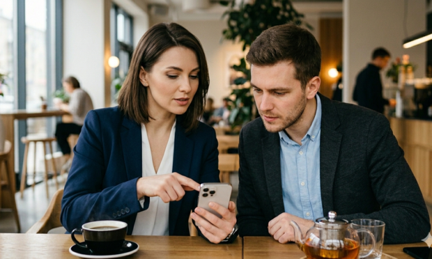 Ein Mann und eine Frau sitzen im Café und blicken gemeinsam auf ein Smartphone in der Hand der Frau. Hinwies: KI-generiertes Bild