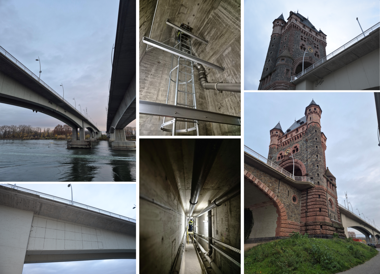 Fotocollage mit Aufnahmen der Nibelungenbrücke Worms. Dargestellt sind verschiedene Brückenansichten sowie Aufnahmen aus dem Bauwerksinneren.