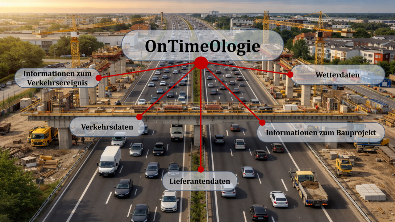 Im Projekt OnTimeOlogie werden Verkehrsdaten, Lieferantendaten, Wetterdaten, Informationen zum Bauprojekt und zum Verkehrsereignis miteinander verknüpft.
