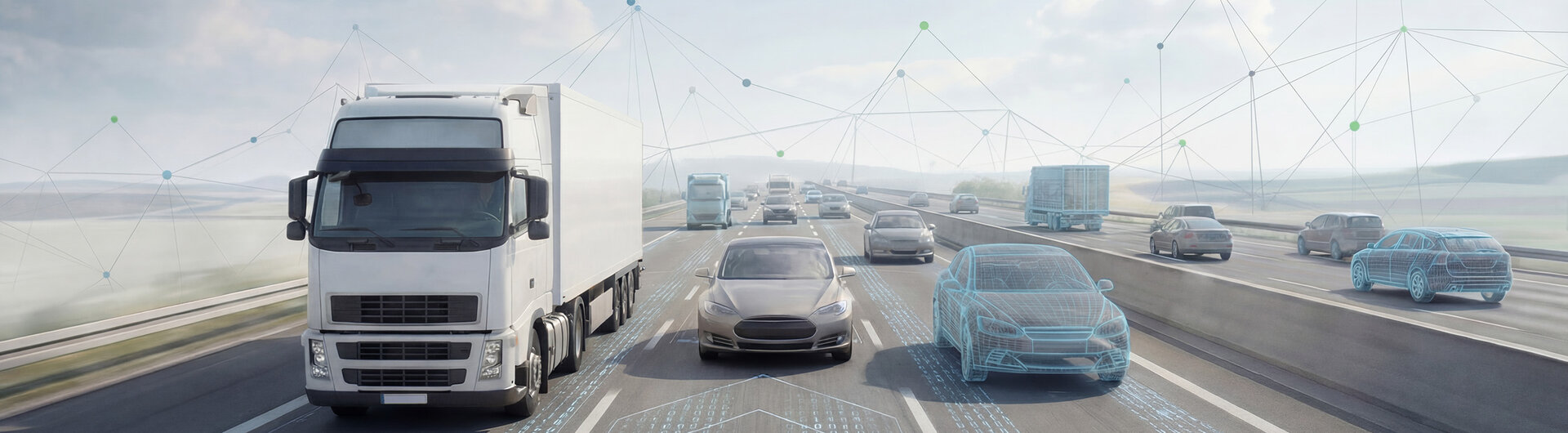 Bundesfernstraßen Digital Pkw und Lkw auf einer Bundesfernstraße, im Asphalt sind digitale Elemente abgebildet, die das Thema "Bundesfernstraße Digital" symbolisieren. Am blauen Himmel ein Netzpolygon, das Vernetzung und Interaktion darstellt.