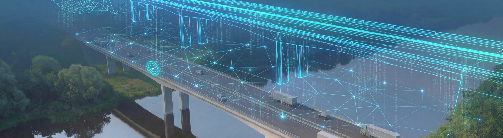 Digitale Visualisierung einer Autobahnbrücke: Ein transparentes 3D-Modell mit vernetzten Datenpunkten überlagert die reale Infrastruktur und symbolisiert den Digitalen Zwilling.
