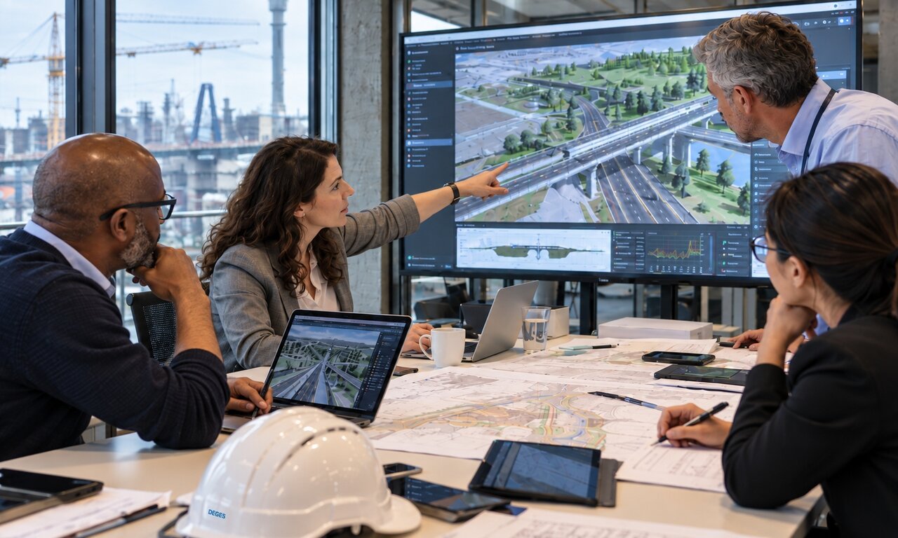 Vier Fachleute besprechen an einem Konferenztisch Infrastrukturpläne, während auf einem großen Bildschirm ein digitales 3D-Modell einer Straßenbrücke zu sehen ist; im Vordergrund liegt ein weißer Bauhelm mit kleinem DEGES-Logo.