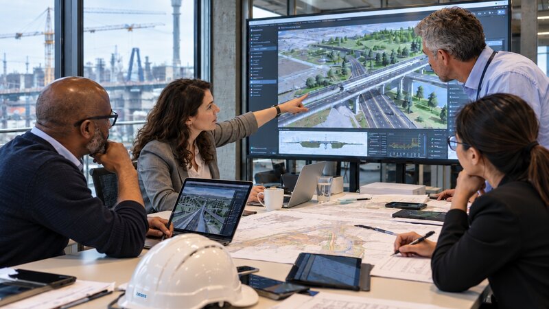 Vier Fachleute besprechen an einem Konferenztisch Infrastrukturpläne, während auf einem großen Bildschirm ein digitales 3D-Modell einer Straßenbrücke zu sehen ist; im Vordergrund liegt ein weißer Bauhelm mit kleinem DEGES-Logo.