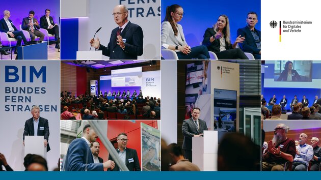Collage mit Eindrücken des Fachsymposiums: Sprecher, Publikum, Diskussionen auf Podium und in den Pausen, Logos Bundesverkehrsministerium und BIM Bundesfernstrassen